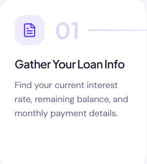 Gather Your Loan Info Find your current interest rate, remaining balance, and monthly payment details.
